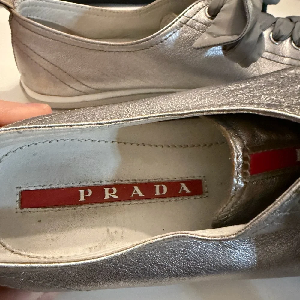 Prada Women's Metallic Silver Lace Up  Sneakers - Picture 3 of 10